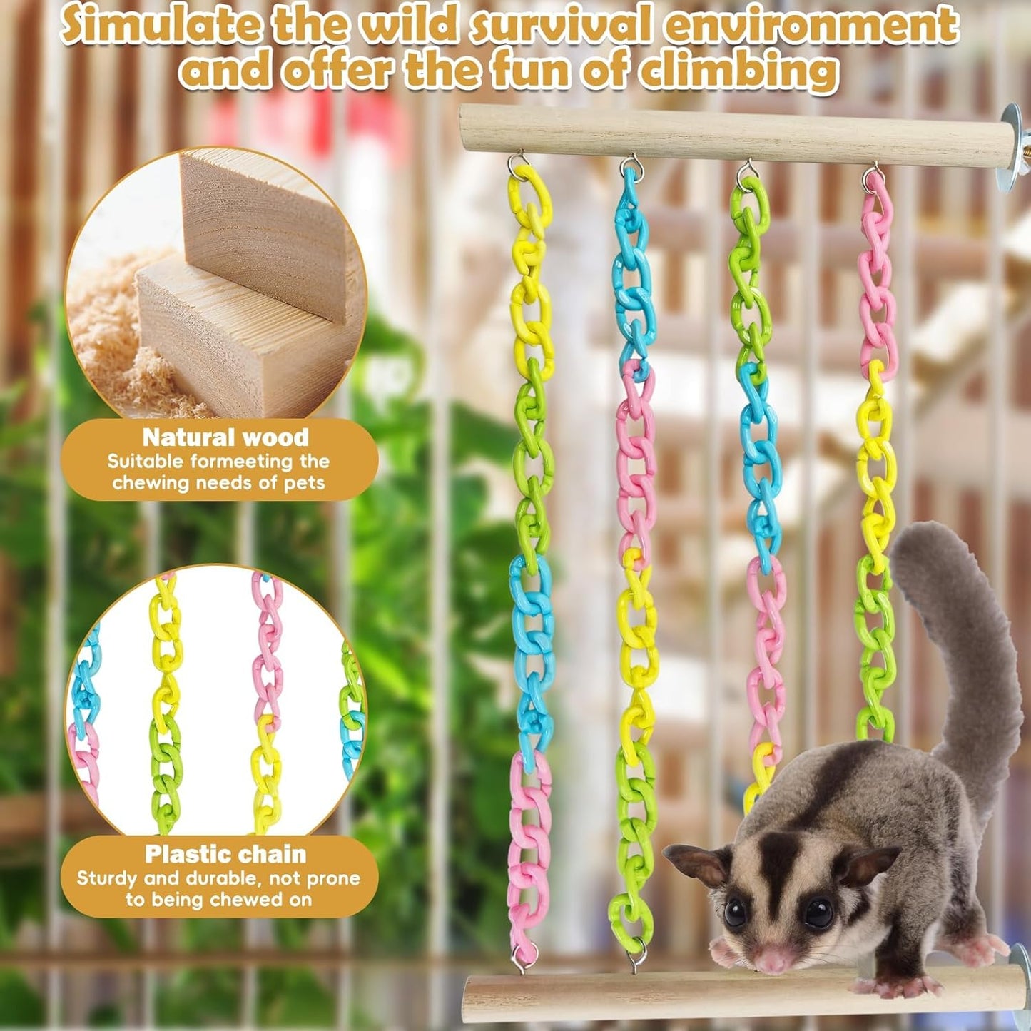 PINVNBY 2 Pack Sugar Glider Climbing Toys,Natural Wood Sugar Glider Cage Accessories with Colorful Plastic Chains, Hanging Rat Enrichment Toys Without Swaying for Hamsters and Parrots