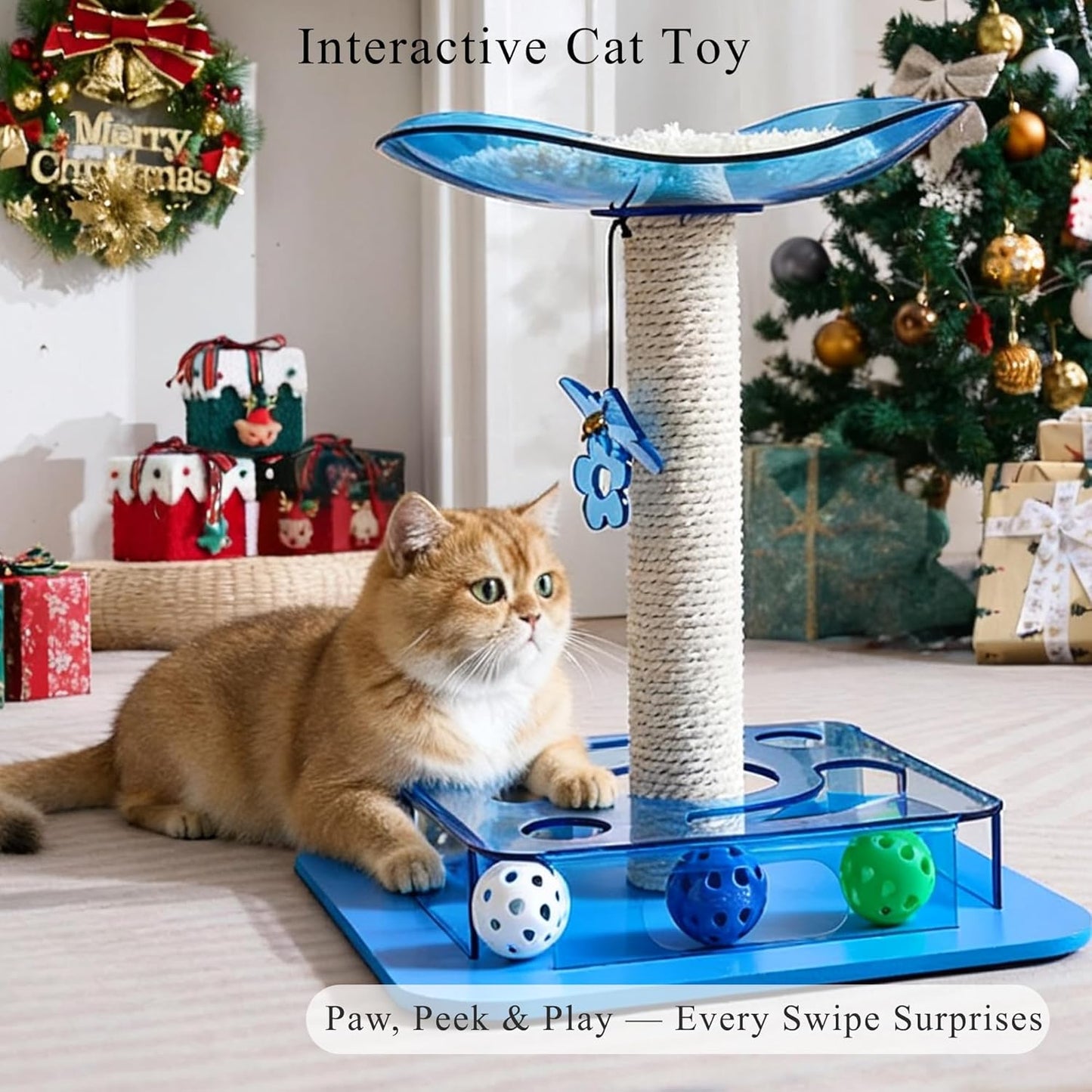 Modern 3-in-1 Interactive Cat Toy with Puzzle Box, Cat Bed/Perch & Scratching Posts, Colorful Jingle Balls, Dangling Accent, Puzzle Toys for Indoor Cats, Acrylic, Blue