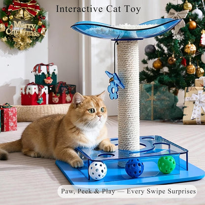 Modern 3-in-1 Interactive Cat Toy with Puzzle Box, Cat Bed/Perch & Scratching Posts, Colorful Jingle Balls, Dangling Accent, Puzzle Toys for Indoor Cats, Acrylic, Blue