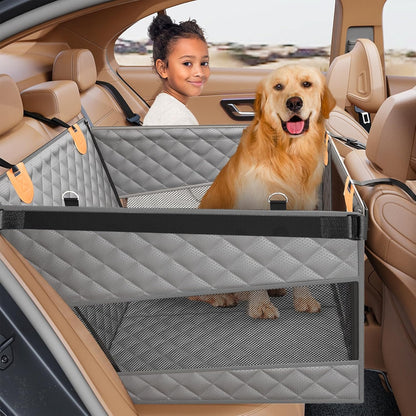 PETICON Large Dog Car Seat, Back Seat Extender for Dogs with 3 Mesh Windows, Waterproof Medium Carseat for Dogs with Hard Bottom, Pet Seat Cover for Cars, Trucks and SUVs (Gray)