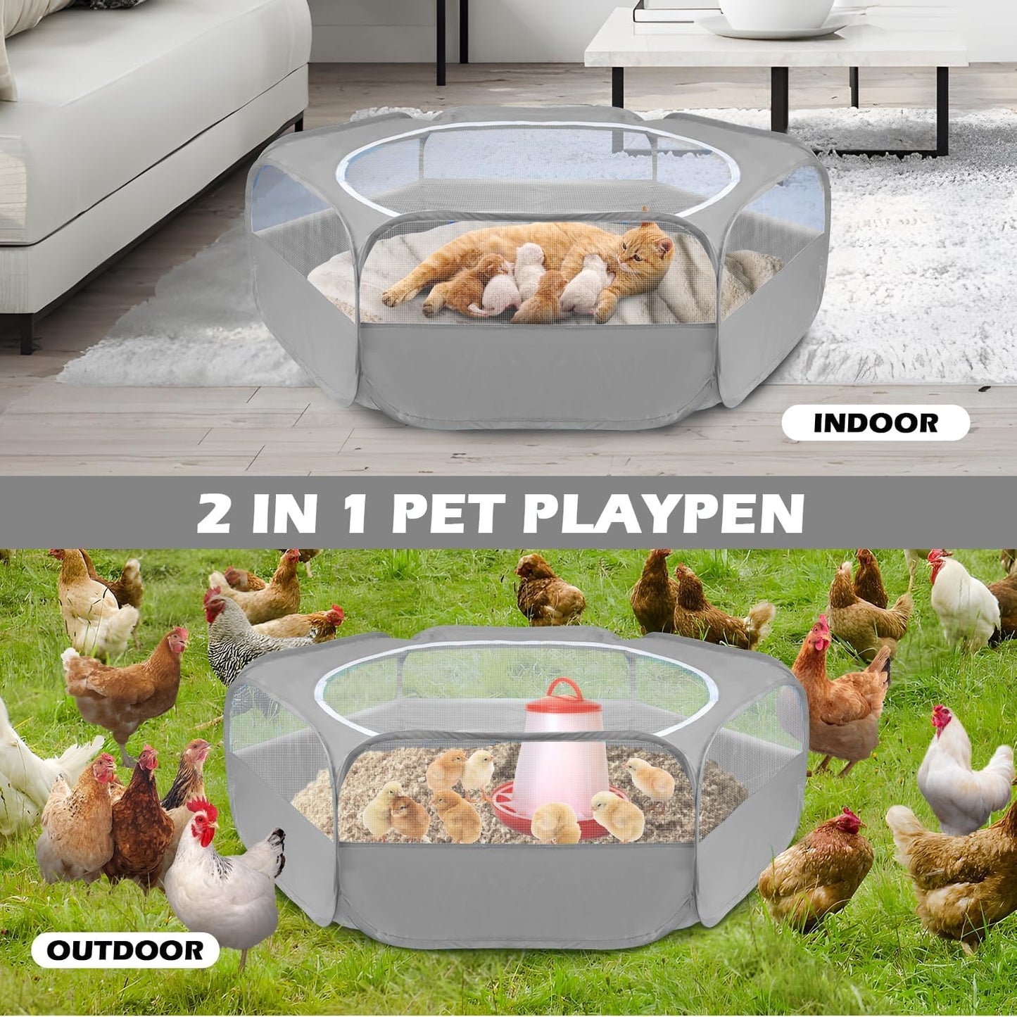 UWE Small Animal Playpen, Chicken Brooder Box with Cover Top, Portable Outdoor Exercise Pet Cage Tent, Waterproof Breathable Pet playpen Indoor for Chick Ktiien Bunny Hamster Guinea Pig, Grey