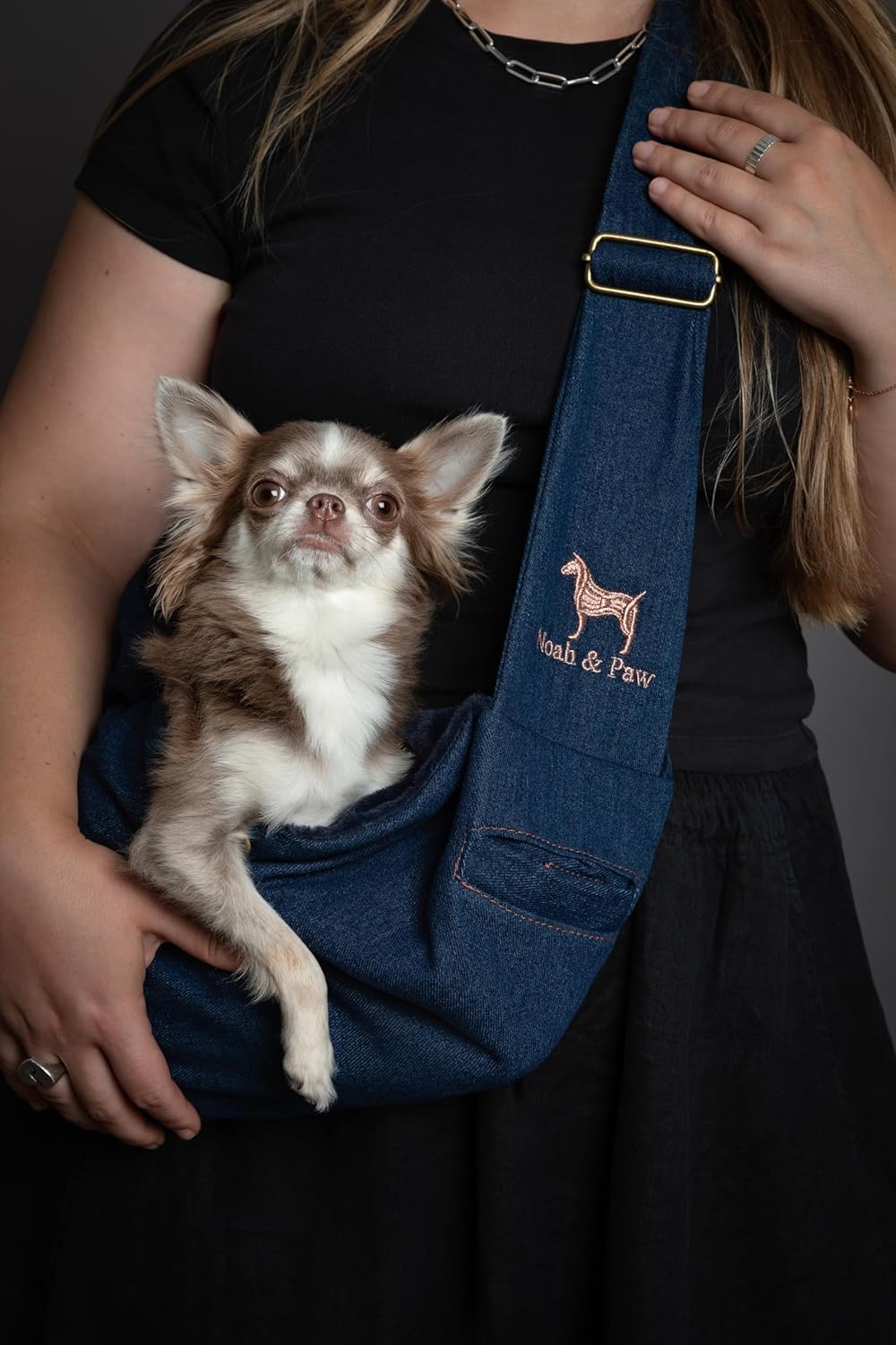 Noah & Paw Dog Sling Carrier for Small Dogs 3-10lb, Dog Sling for Small Dogs and Cats, Dog Carrier with Adjustable Padded Strap, Premium Denim, Lined with Fur, Double Safety Feature, Machine Washable