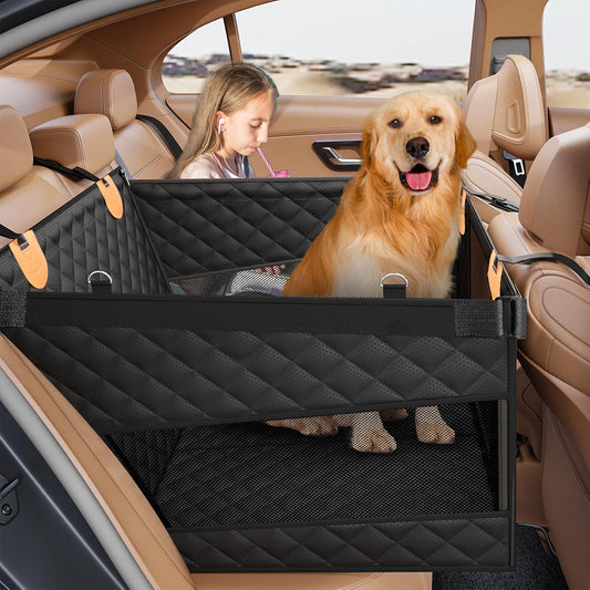 PETICON Large Dog Car Seat, Back Seat Extender for Dogs with 3 Mesh Windows, Waterproof Medium Carseat for Dogs with Hard Bottom, Pet Seat Cover for Cars, Trucks and SUVs (Black)