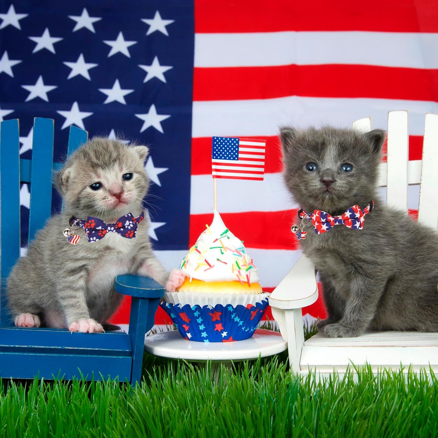 ADOGGYGO American Flag Cat Collar Breakaway with Bow Tie Bell - 2 Pack 4th of July Kitten Collar with Removable Bowtie Red Blue American Flag Collars for Cat Kitten