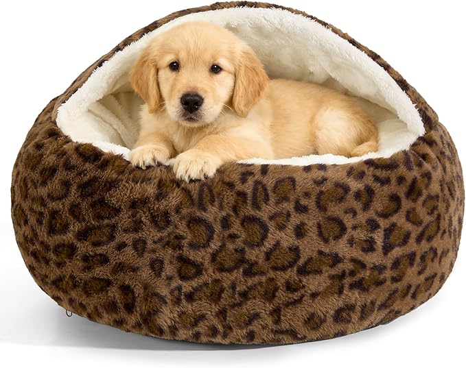Calming Dog Beds & Cat Cave Bed with Hooded Cover,Removable Washable Round Beds for Small Medium Pets,Anti-Slip Faux Fur Fluffy Coved Bed for Improved Sleep,Fits up to 15/25 lbs(Leopard Print,M)
