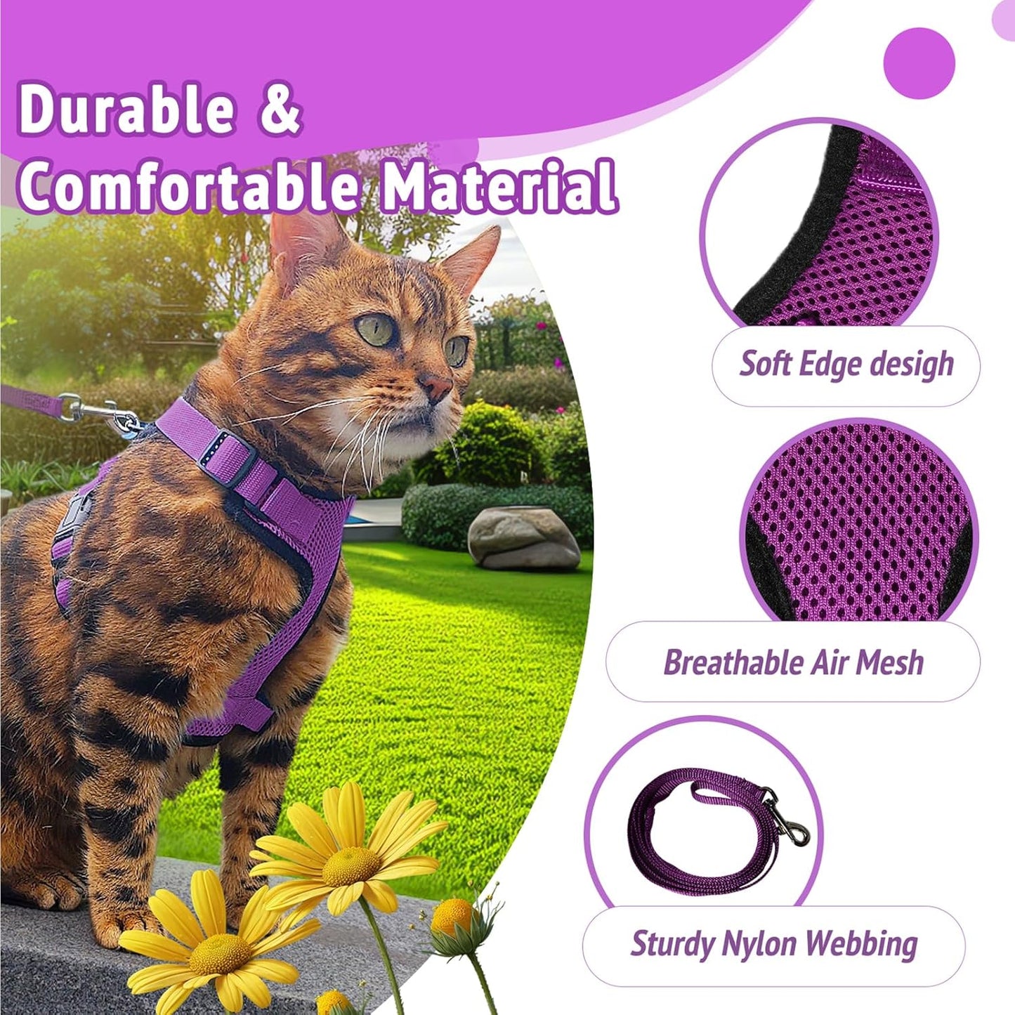 Cat Harness and Leash Set,Escape Proof Adjustable Cat Harness,Soft and Breathable Kitten Harness and Leash with Reflective Strips for Walking and Traveling(Purple, X-Small(3.3-8.9lb))