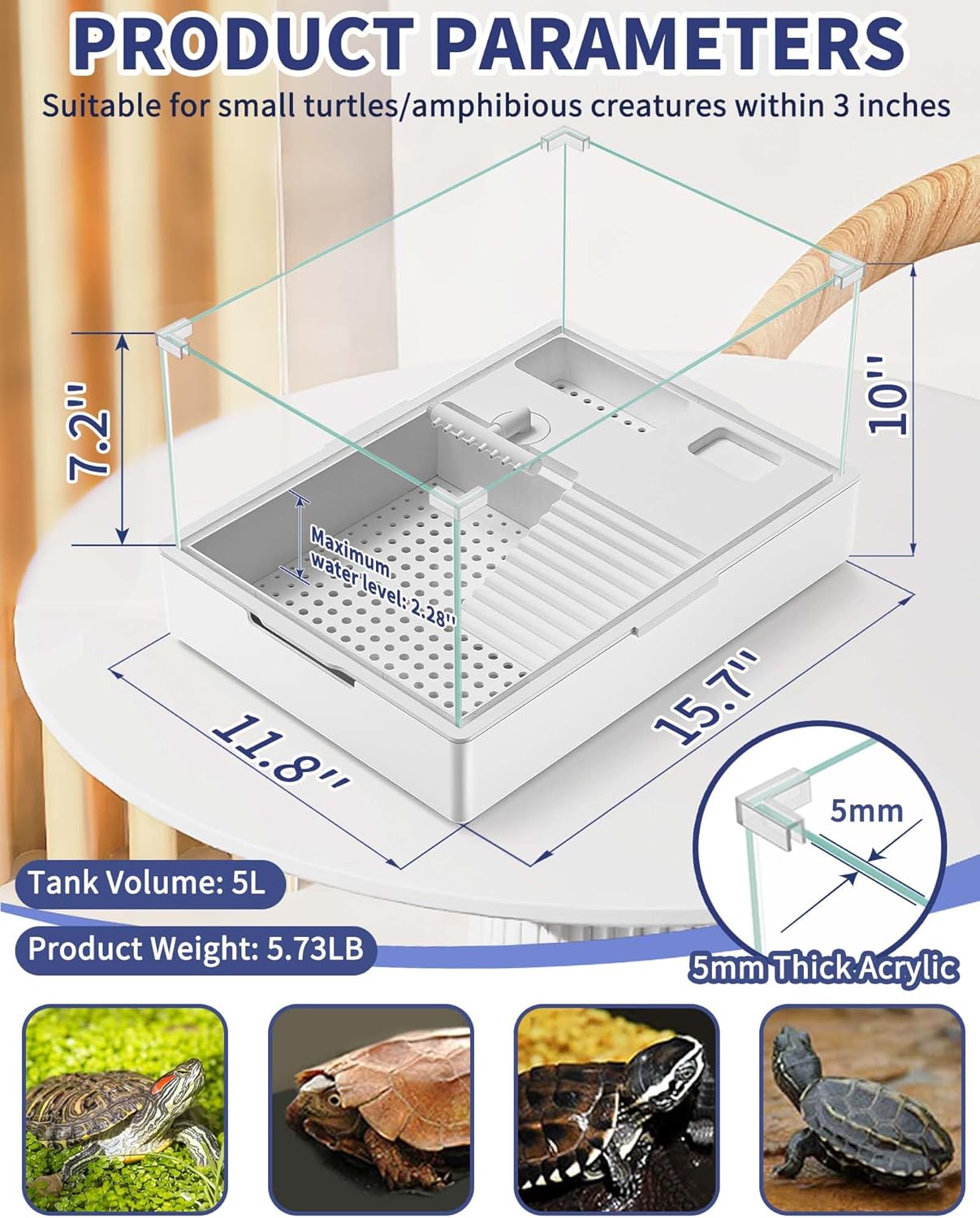 Small Turtle Tank (Tank + Water Pump), Acrylic Turtle Tank Starter Kit with Upgrade Rain Shower Head, Adjustable 5W Water Pump, Higher Fences and Multi-Function Areas. (S)