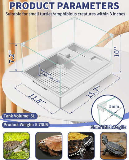 Small Turtle Tank Kit(Tank + Light + Water Pump), Acrylic Turtle Tank Starter Kit with Upgrade Rain Shower Head, Adjustable 5W Water Pump, Higher Fences and Multi-Function Area. (S-Kit)