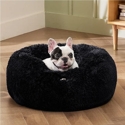 Bedsure Calming Dog Bed for Small Dogs - Donut Washable Small Pet Bed, 23 inches Anti-Slip Round Fluffy Plush Faux Fur Large Cat Bed, Fits up to 25 lbs Pets, Black