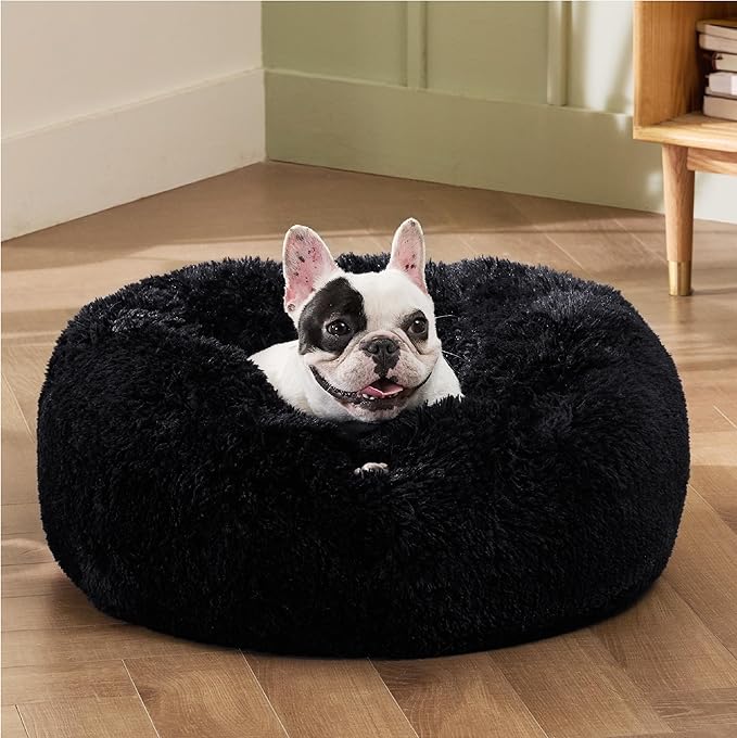 Bedsure Calming Dog Bed for Small Medium Dogs - Donut Washable Medium Pet Bed, 27 inches Anti-Slip Round Fluffy Plush Faux Fur Cat Bed, Black
