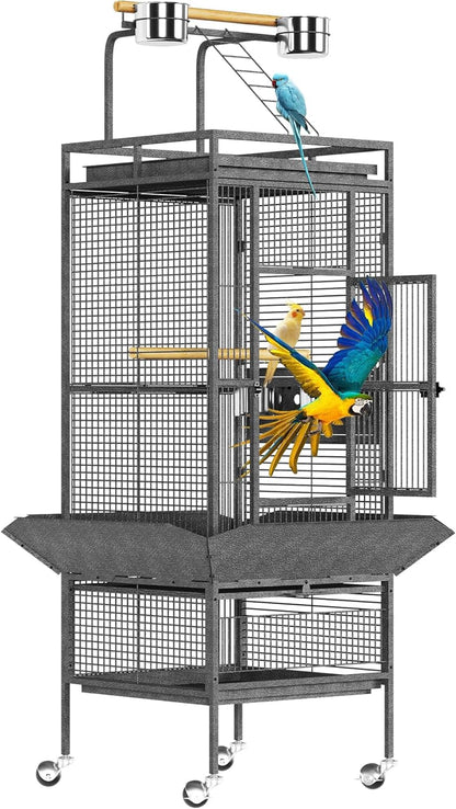 Large Bird Cage 61-inch Playtop Metal Bird Cages with Rolling Stands, Feed Bowls for Parakeets, Conures, Parrot Cage for Medium Large Parrot Cage with Slide-Out Tray Seed Guard, Black