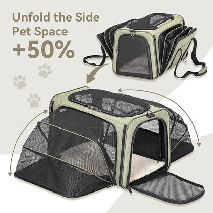 Petsfit Expandable Cat Dog Carrier Airline Approved, 17" L x 11" W x 11" H Soft-Sided Portable Pet Travel Carrier for Kitten, Puppy, Removable Soft Plush Mat and Pockets, Auto-Locking Zippers