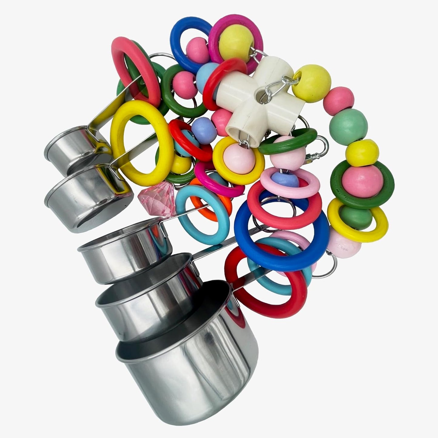 Metallic Pots and Multicolored Ring Strings Toys, Pullable 5 Stainless Steel Cups and Wooden Ring Toys for Large and Extra Large Parrot Amazons Macaws African Greys Cockatoos Eclectus