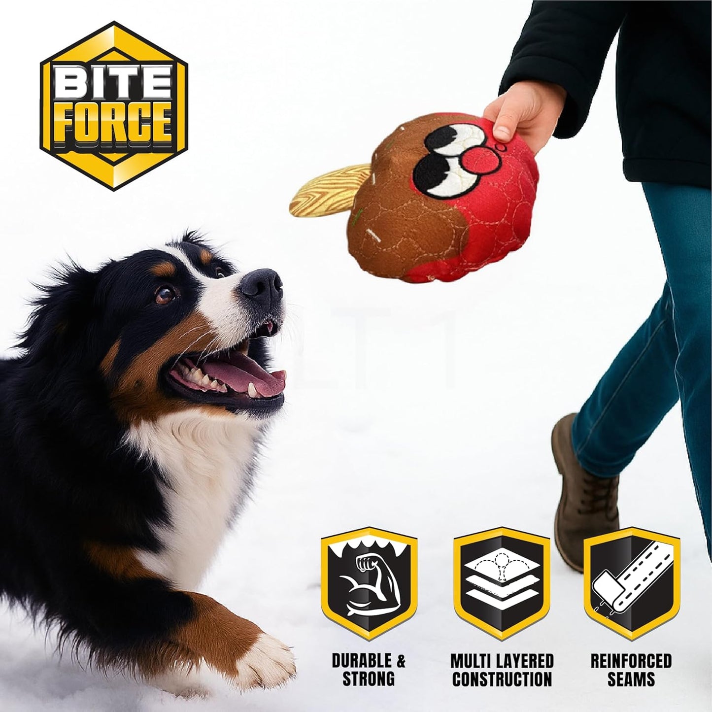 Bite Force -Durable & Strong Dog Toy Candy Apple Buddy with Squeaker, Kevlar-Reinforced for Aggressive Chewers for Small Medium Large Dogs - red.