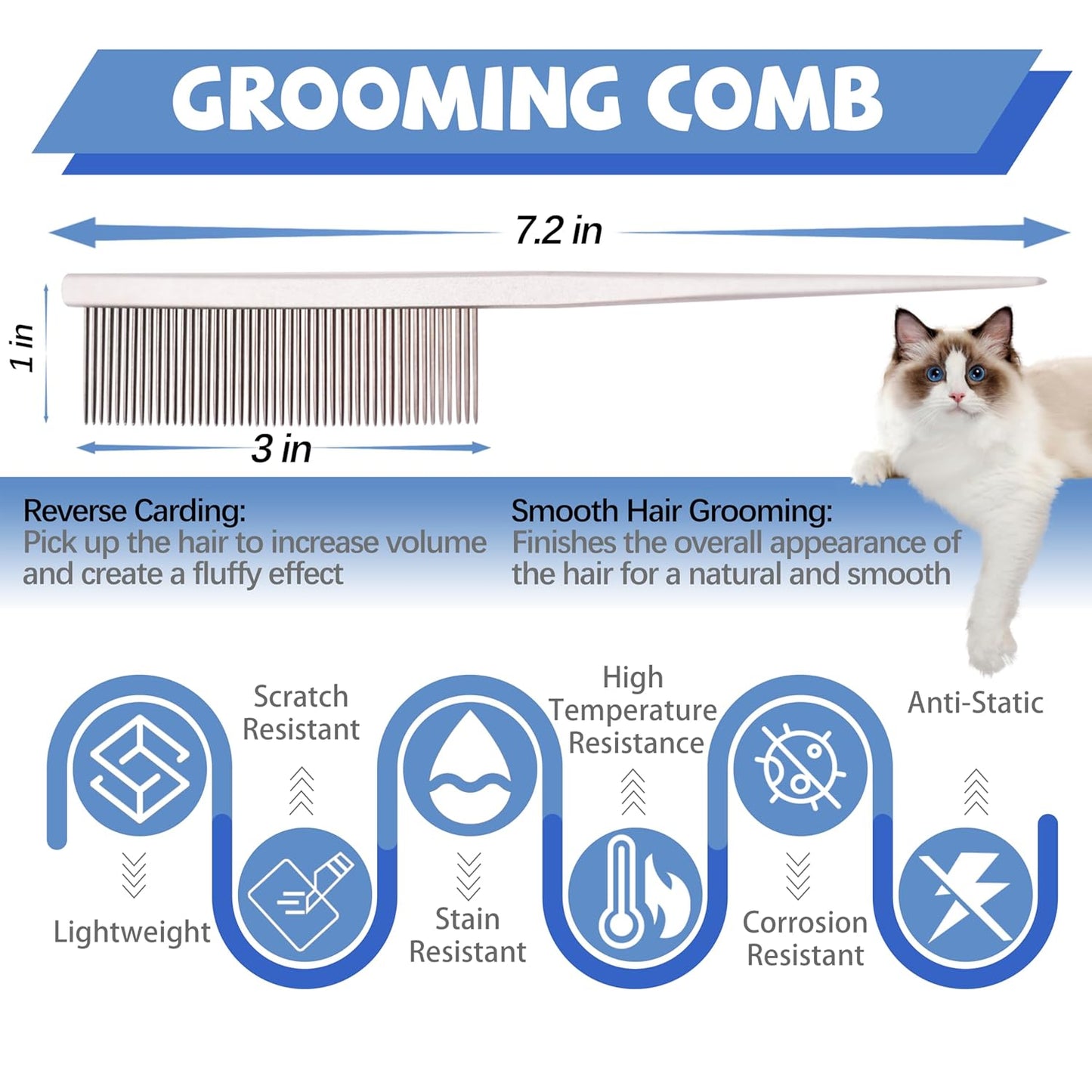 Grooming Pet Comb Rat Tail Dematting Cat and Dog Comb，Rounded Ends Design for Safe Tangle Removal, Hairstyling, Massage，Loose Hair Removal，Prevent Irritation，Fluffing Paws,Face,Tail,Remove Tear Stain