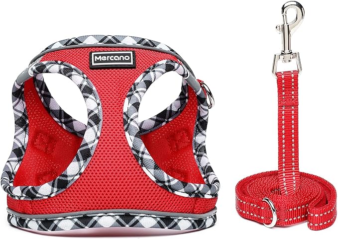 Mercano Soft Mesh Dog Harness and Leash Set, No-Chock Step-in Reflective Breathable Lightweight Easy Walk Vest Harnesses with Safety Buckle for Small Dogs, Cats (Red, XL)