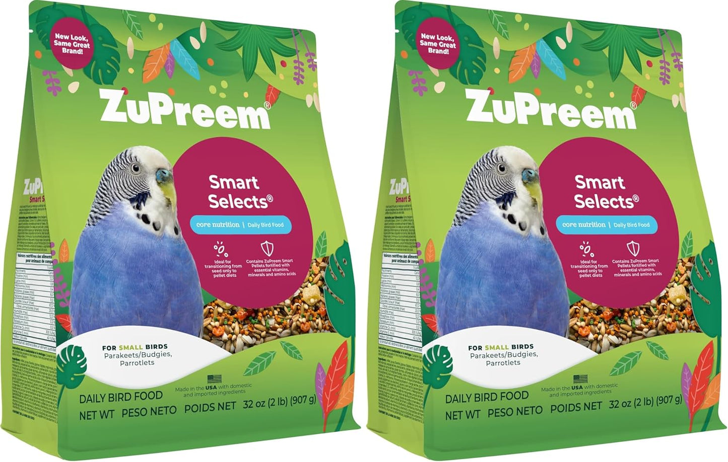 ZuPreem Smart Selects Daily Bird Food for Parakeet, Budgie, Parrotlet, Dove, Bird Pellets and Seed Blend, Core Nutrition for Small Birds, Made in USA, Parakeet Food, Budgie Food (S, 2 lb) (Pack of 2)