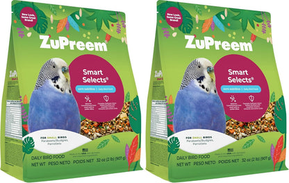 ZuPreem Smart Selects Daily Bird Food for Parakeet, Budgie, Parrotlet, Dove, Bird Pellets and Seed Blend, Core Nutrition for Small Birds, Made in USA, Parakeet Food, Budgie Food (S, 2 lb) (Pack of 2)