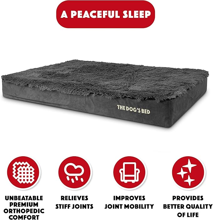 The Dog’s Bed Orthopedic Memory Foam Dog Bed, XXL Grey Fur, Pain Relief for Arthritis, Hip & Elbow Dysplasia, Post Surgery, Lameness, Supportive, Calming, Waterproof Washable Cover