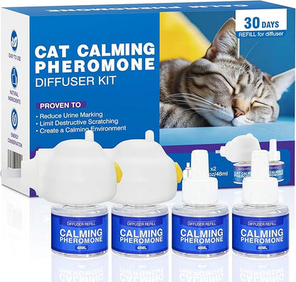 Cat Calming Pheromone Diffuser - Stops Urine Marking & Scratching, Reduce Fighting Spraying Cat Calming Diffuser, Drug-Free Formula for Anxious Cats, 2 Diffuser + 4 Refills Last 120 Days