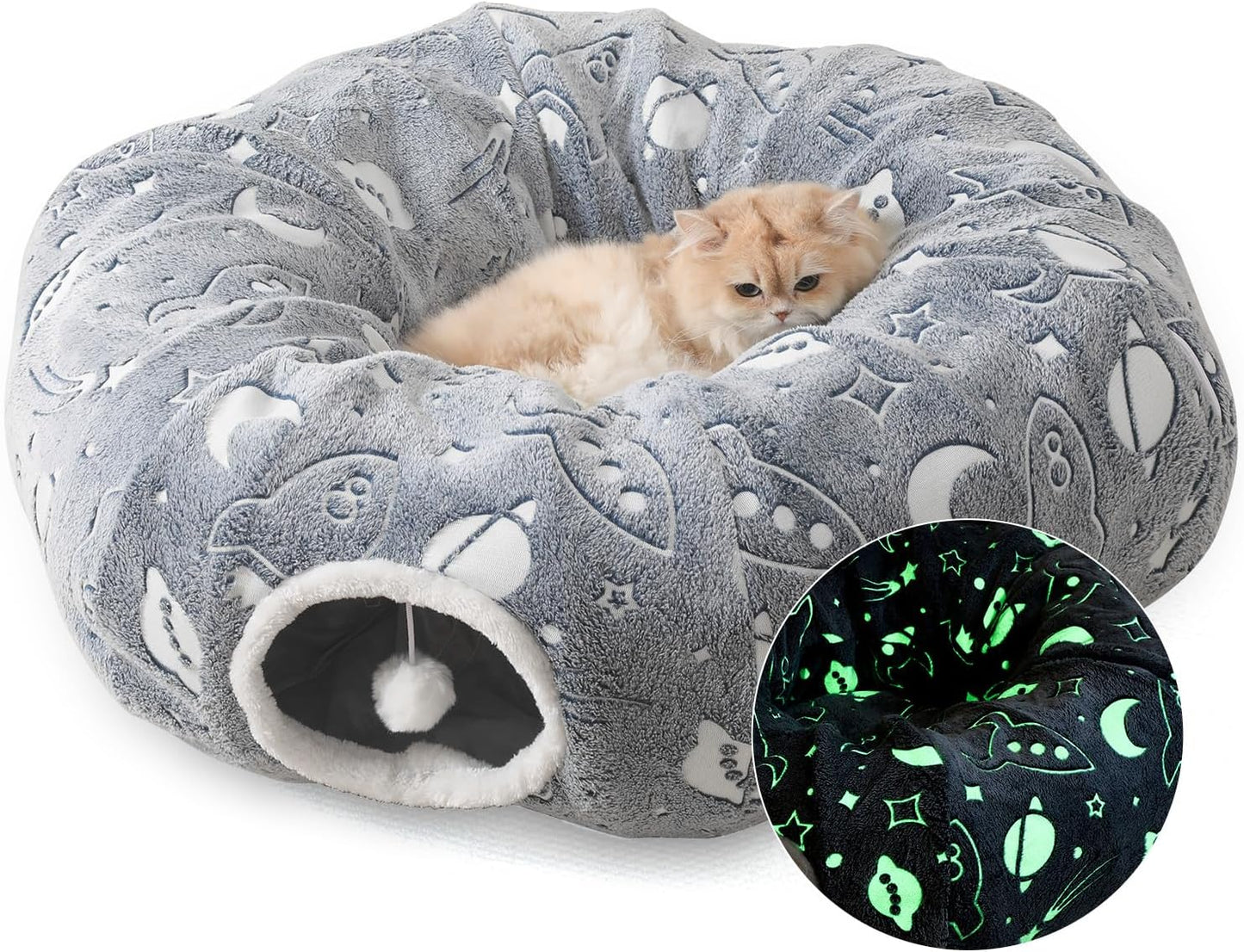 Large Cat Tunnels Bed Tube for Indoor Cats Glows in The Dark Cat Tunnel with Cushion and Plush Ball Toy Longer Playground Toys for Dog Puppy Kitten Rabbit Bunnies Ferret Pet Gray