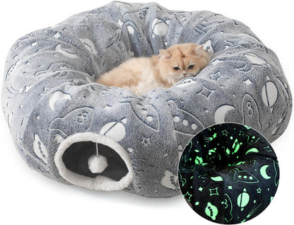 Large Cat Tunnels Bed Tube for Indoor Cats Glows in The Dark Cat Tunnel with Cushion and Plush Ball Toy Longer Playground Toys for Dog Puppy Kitten Rabbit Bunnies Ferret Pet Gray