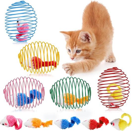 Jecery 5 Pcs Halloween Cat Spring Balls Toys Stretchable Rolling Balls Colorful Playful Coils Interactive Spring Action Toy Caged Rats for Kitten Cat Pet Supplies(Mouse,Bright Color,5 Pcs)