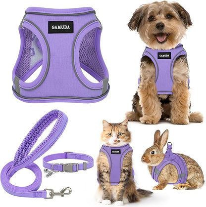 GAMUDA Small Pet Harness Collar and Leash Set, Step in No Chock No Pull Linen Fabric Soft Mesh Dog Vest Harnesses Reflective for Dogs Puppy Cats Kitten Rabbit (Purple, XS)