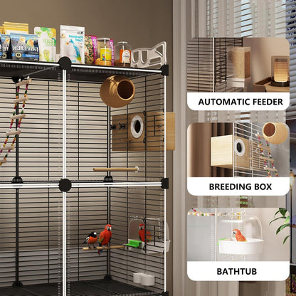 Large Parrot Cage with Acrylic Doors, 4 Casters, Perch & Feeder, Detachable Drawer, Ideal for Cockatiels, Budgies, Conures, Indoor/Outdoor Use – Spacious White Birdcage(Black,72 * 36 * 106)