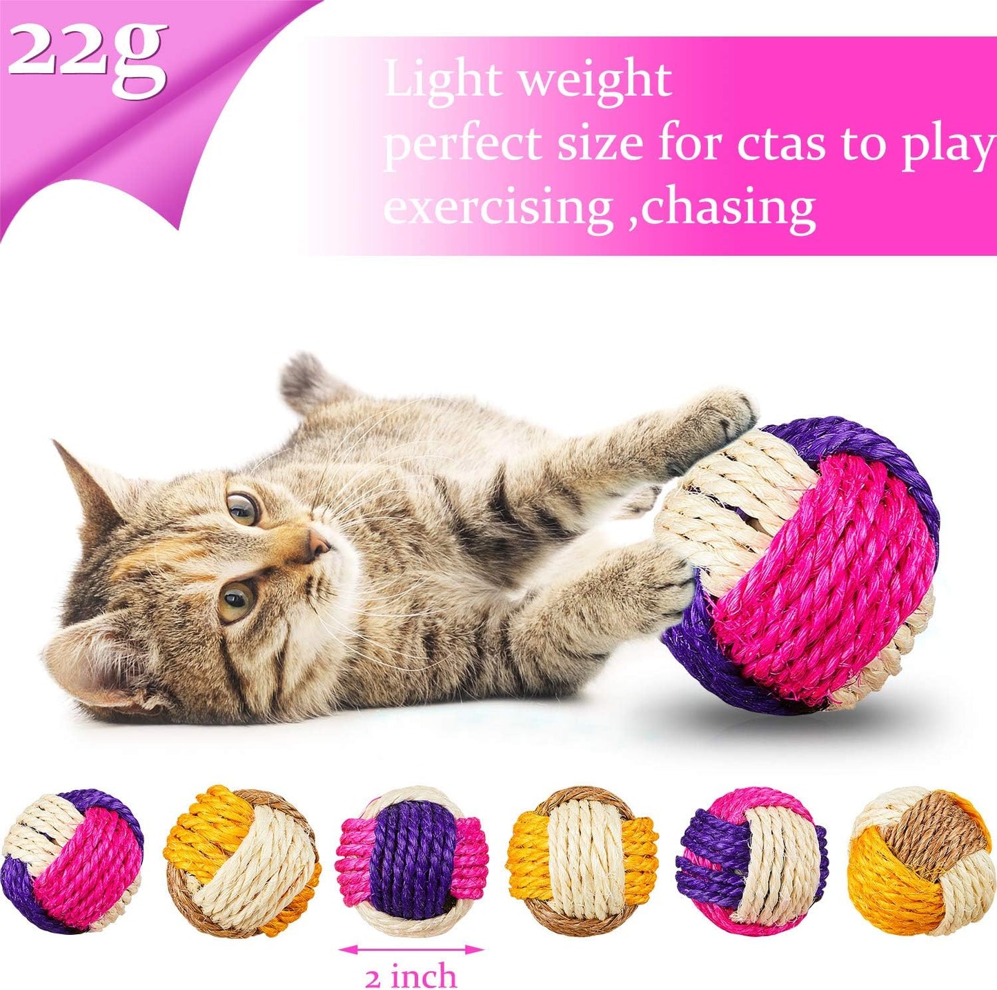 Weewooday 6 Pieces Cat Toy Ball Sisal Ball Interactive Rolling Scratch Cat Toy (Random Color)