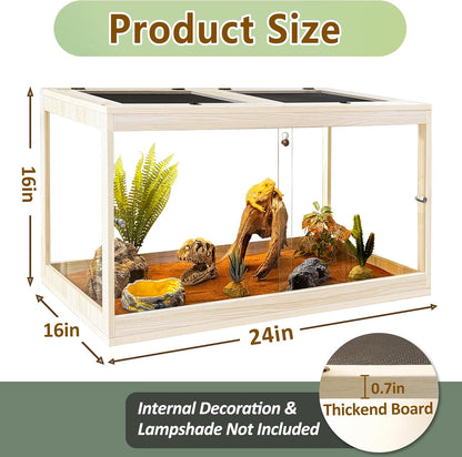 PROLEE Tempered Glass Bearded Dragon Tank,28 Gallon Reptile Tank with Meatl Mesh Roof and Front Sliding Door, Anti-Scratch Lizard Tank,Spacious Reptile Enclosure for Snakes,Lguanas, Chameleons(Oak)
