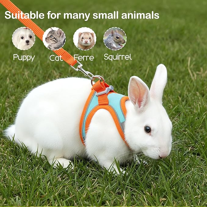 Bunny Harness and Leash Set, Adjustable Double Buckles Breathable Mesh Rabbit Vest with Reflective Strips, Escape Proof Small Pet Walking Training Gear for Rabbits, Kittens, Ferrets, Guinea Pigs (M)
