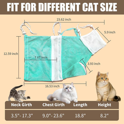 Cat Shower Bag with Removable Hood - Green Mesh Cat Bathing Bag for Stress-Free Bath, Nail Clipping & Grooming, Comfortable Cat Washing Bag