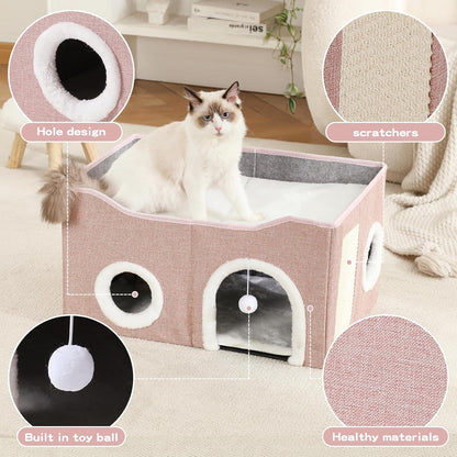 Large Cat Bed for Indoor Cats, Extra Wide Cat Cave House with Scratch Pad and Fluffy Ball, Foldable Cat Hideaway for Kitten Bed, Cat Condo for Cats (Pink, X-Large)