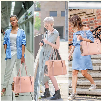 Fashion Dog Purse Pet Carrier Leather Bag for Small Dogs Cats Puppy, Portable Tote Bag Airline Approved Soft-Sided Carriers (Pink)