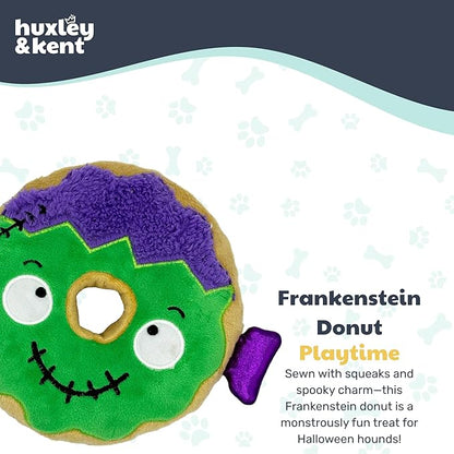 Huxley & Kent Halloween Funny Dog Toy w/Squeaker – Power Plush Squeaky Dog Toys for Small, Medium & Large Dogs – Soft Stuffed Animal for Indoor Play & Fetch - Frankenstein Donut, One Size