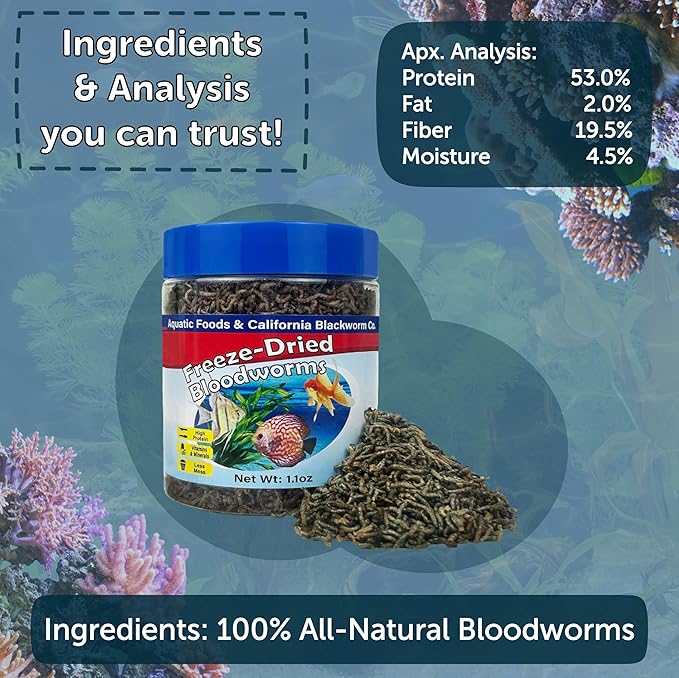 Aquatic Foods Inc. Bloodworms, Grade A Freeze Dried Floating Bloodworms for Cichlids, Discus, Goldfish, Bettas, Angel Fish, Marine Fish, 12-Type Pellet Mix & 4-Type Wafer Mix Included..2.35oz Canister