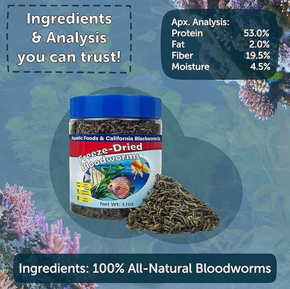 Aquatic Foods Inc. Bloodworms, Grade A Freeze Dried Floating Bloodworms for Cichlids, Discus, Goldfish, Bettas, Angel Fish, Marine Fish, 12-Type Pellet Mix & 4-Type Wafer Mix Included..2.35oz Canister