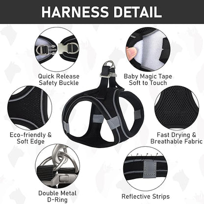 GAMUDA Small Dog Harness Collar and Leash Set, Step in No Chock No Pull Linen Fabric Soft Mesh Dog Vest Harnesses Reflective for Dogs Puppy Cats Kitten Rabbit (Black, XS)