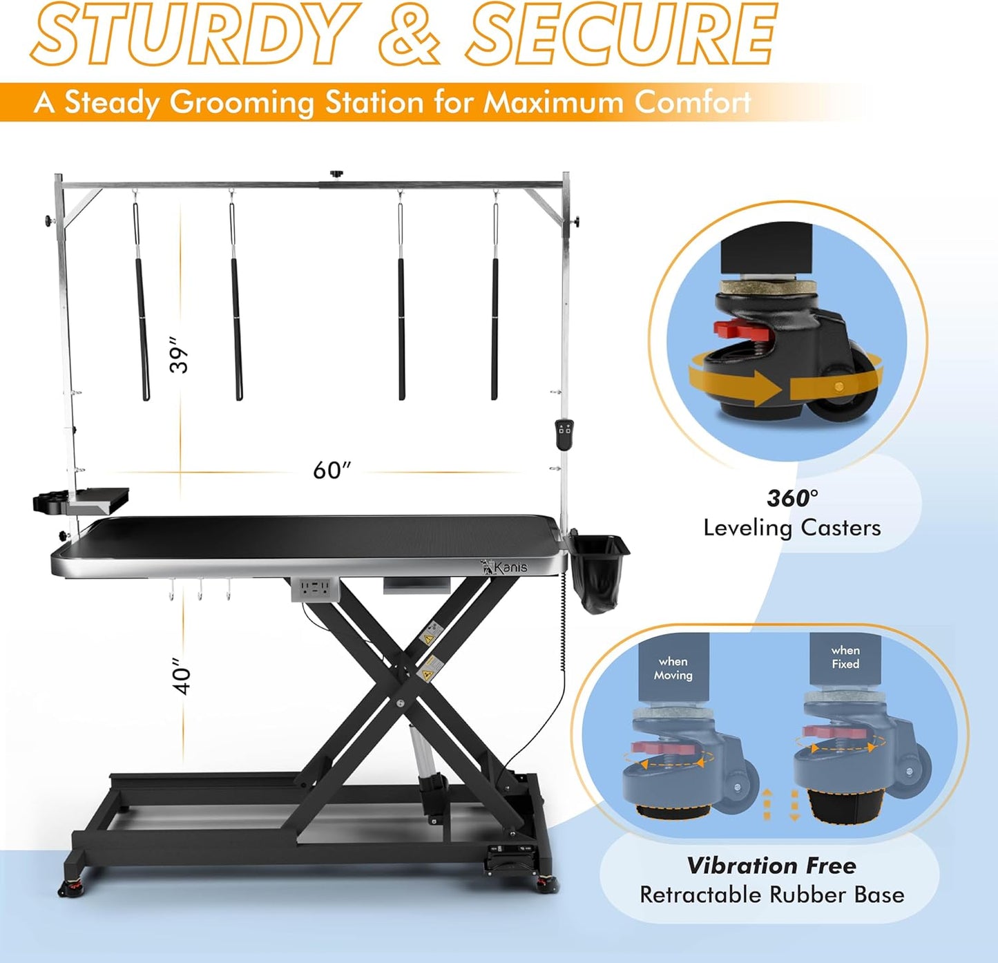 KANIS Professional Electric Dog Grooming Table - Heavy Duty, Height Adjustable Pet Grooming Table w/Leveling Wheels, Grooming Arm, Anti Slip Tabletop & Tool Organizer/Dog Grooming Station (60", BLACK)