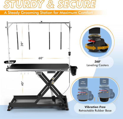 KANIS Professional Electric Dog Grooming Table - Heavy Duty, Height Adjustable Pet Grooming Table w/Leveling Wheels, Grooming Arm, Anti Slip Tabletop & Tool Organizer/Dog Grooming Station (60", BLACK)