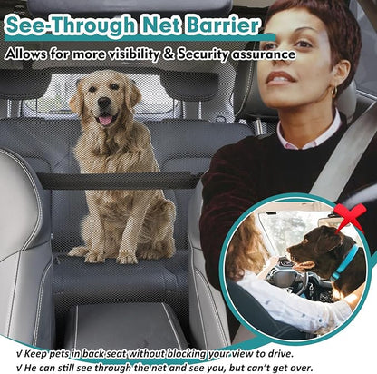 Dog Car Barrier Escape-Proof, 50" Wide Car Divider for 2nd 3rd Row Seats & Cargo Area, Durable Back Seat Car Gate Trunk Barrier with See Through Net Mesh for Small Trucks & SUV & Mid-Sized Vehicle
