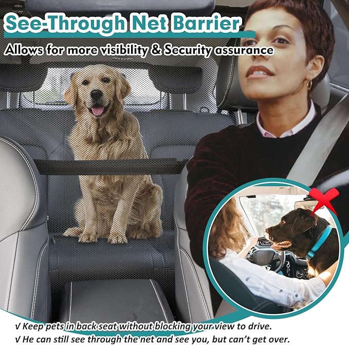 Dog Car Barrier Escape-Proof, 56" Wide Divider for 2nd 3rd Row Seats & Cargo Area, Durable Back Seat Gate Trunk Barrier with See Through Net Mesh for Trucks, Large SUV & Full Sized Vehicles