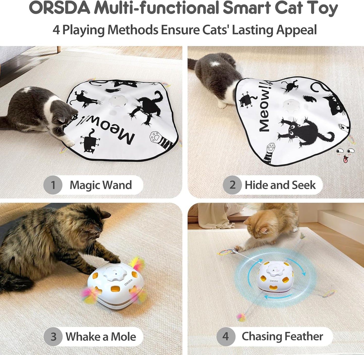 ORSDA Cat Toys for Indoor Cats, 4 in 1 Automatic Interactive Kitten Toy, Rechargeable Electric Whack-A-Mole Moving Ambush Feather, Hide and Seek, Chase Feather for Kitty for Kicker Adult Cat