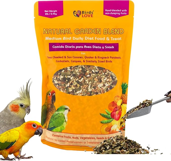 Birds LOVE All Natural Garden Blend Bird Food for Medium Birds - Cockatiels, Green Cheek Conures, Ringneck Parakeets and Small Quakers 2lb