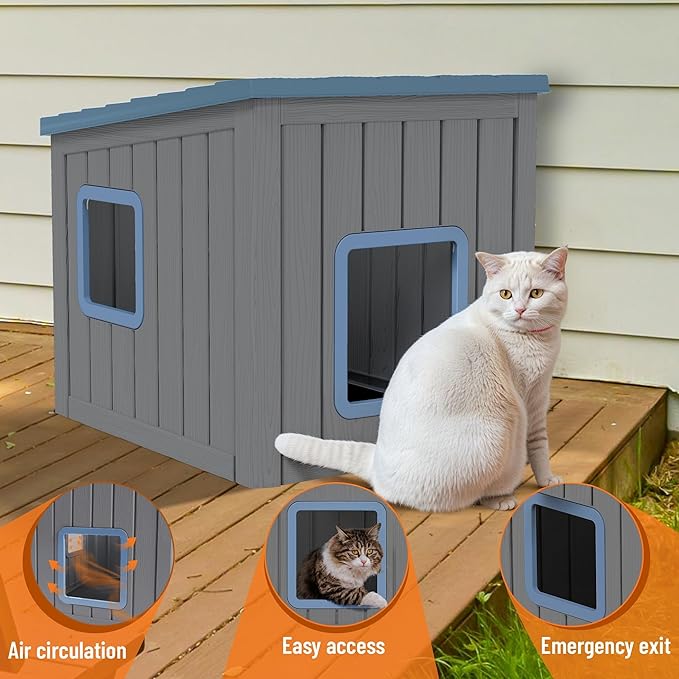 KAMABOKO Outdoor Cat House, Outside Multiple Kitty Feral Cat Houses, Weatherproof Shelter for Ferrel Cats and Dogs, Durable PP Material, Sloping Roof (Gray & Blue)