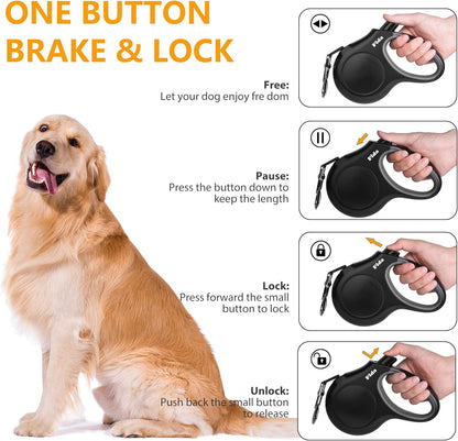 Fida Retractable Dog Leash with Dispenser and Poop Bags, 16 ft Pet Walking Leash for Large Dog up to 110 lbs, Anti-Slip Handle, Tangle-Free, Reflective Nylon Tape (L, Black)