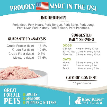 Raw Paws Signature Blend Pet Food for Dogs & Cats - Pork Recipe, 1-lb Rolls (20 Pack) - Fresh Raw Food Made in USA - Natural Dog Food Roll - Frozen Raw Pork Dog Food Log Diet