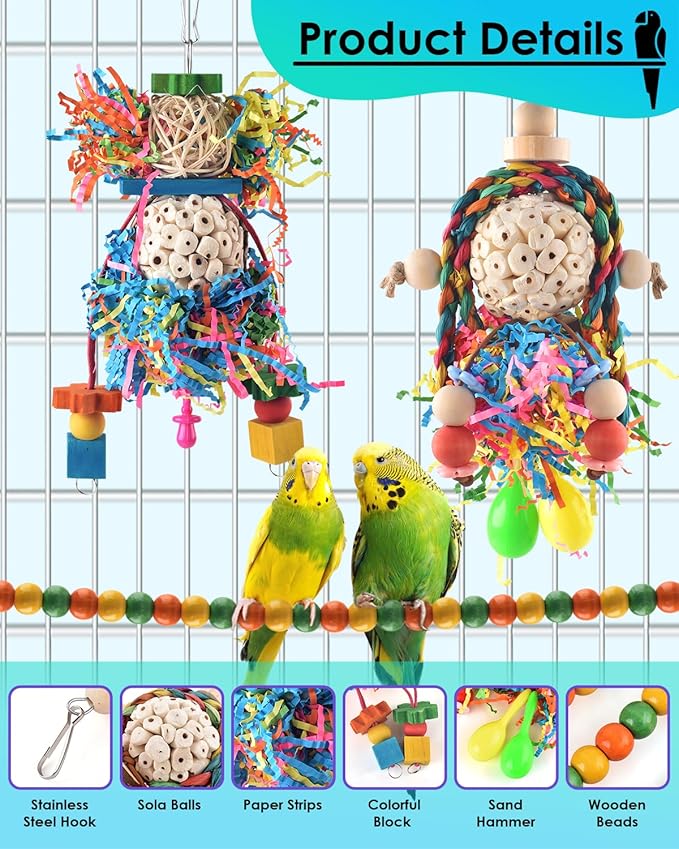 Bissap Conure Toys, 3 PCS Parrot Foraging Shredder Hanging Toys Sola Balls with Sand Hammer Perch Swing Climbing for Small Parrots Parakeets Conures Cockatiels Love Birds Cage Toy