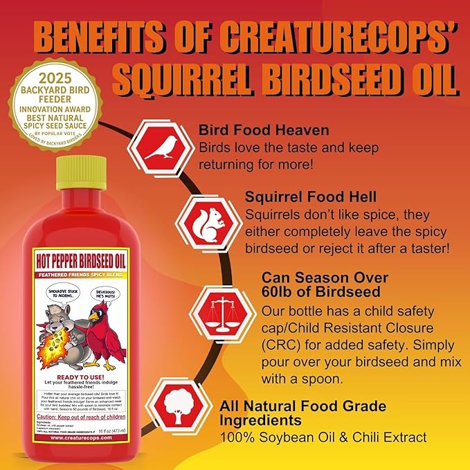 CreatureCops™ Spicy Squirrel Seed Sauce | All-Natural & Squirrel-Resistant Hot Pepper Bird Seed Oil | Flaming Hot Sauce - Seasons >60lb per 16oz Bottle